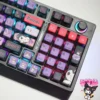 Detail shot of the Kuromi RGB pudding keycaps set, highlighting the iconic mischievous Kuromi design and dazzling translucent purple RGB glow.