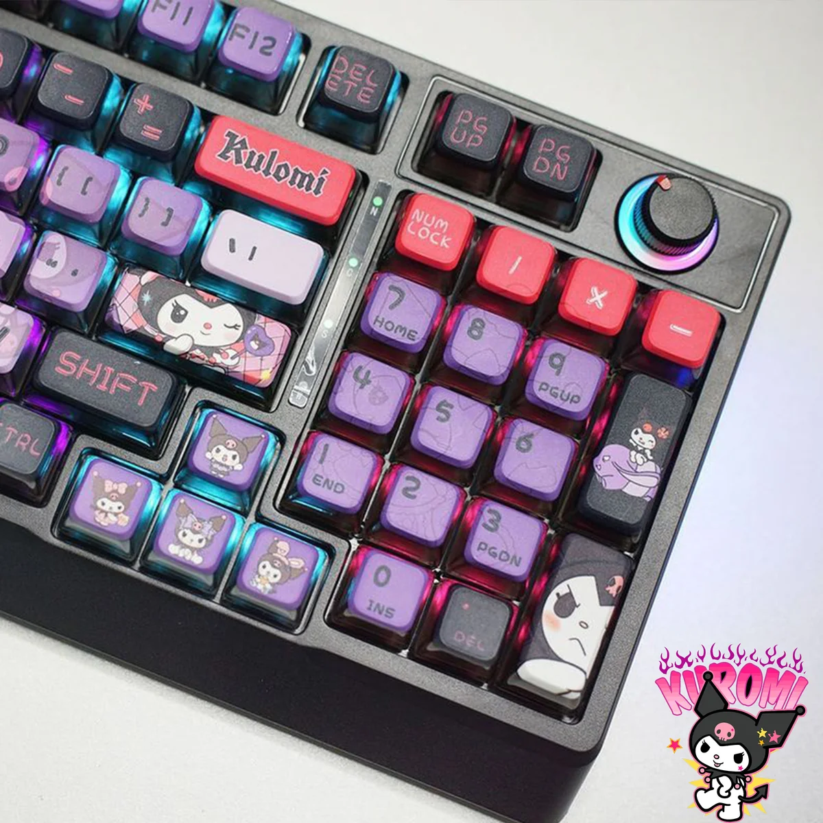 Detail shot of the Kuromi RGB pudding keycaps set, highlighting the iconic mischievous Kuromi design and dazzling translucent purple RGB glow.