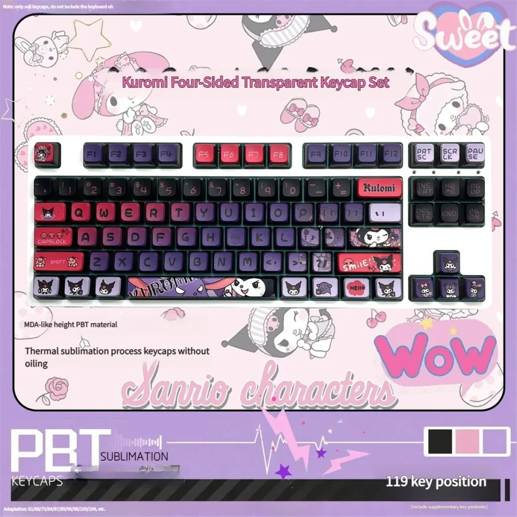 Mischievous Kuromi RGB Keycap Set display iconic Kuromi design, vibrant purple-pink hues, and a dazzling translucent RGB glow.