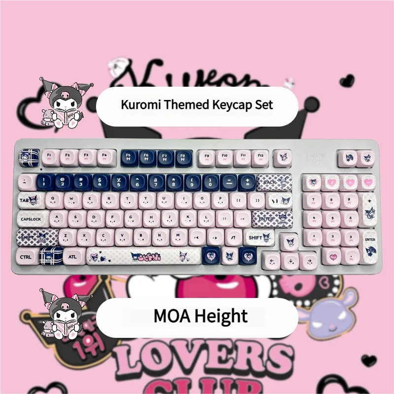 Mischievous Kuromi PBT dye-sub keycaps set from various angles, highlighting the iconic black, pink, white gothic-kawaii designs and durable dye-sub PBT.