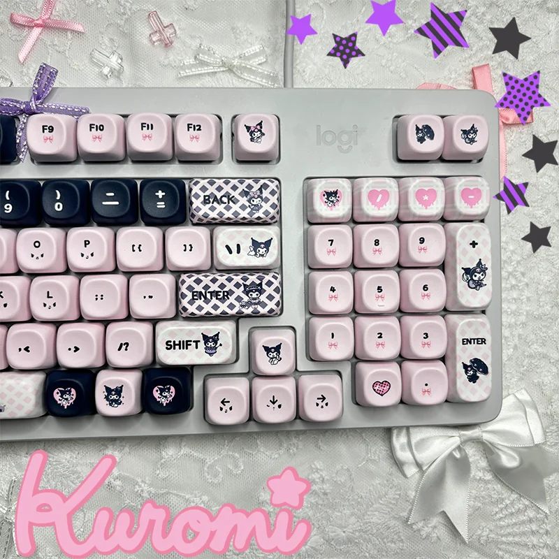 Close-up of mischievous Kuromi PBT dye-sub keycaps set, showcasing the iconic black, pink, and white gothic-kawaii design from multiple angles.