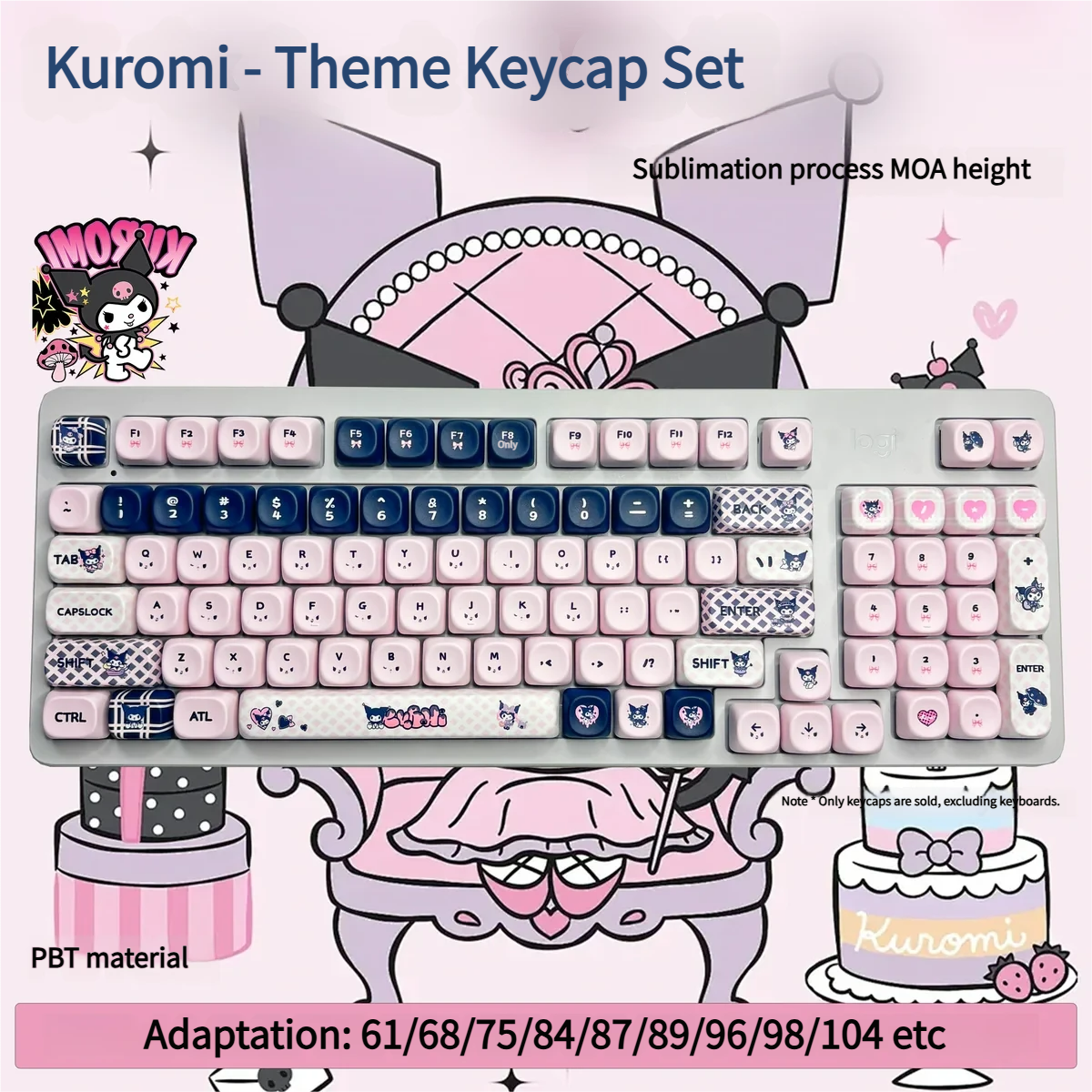 Mischievous Kuromi PBT dye-sub keycaps set, featuring iconic black, pink, and white gothic-kawaii designs. Durable PBT ensures vibrant, lasting legends.