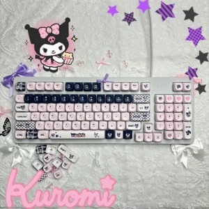 Mischievous Kuromi PBT dye-sub keycaps set in an iconic black, pink, and white gothic-kawaii design. These durable keycaps bring playful charm to any keyboard.