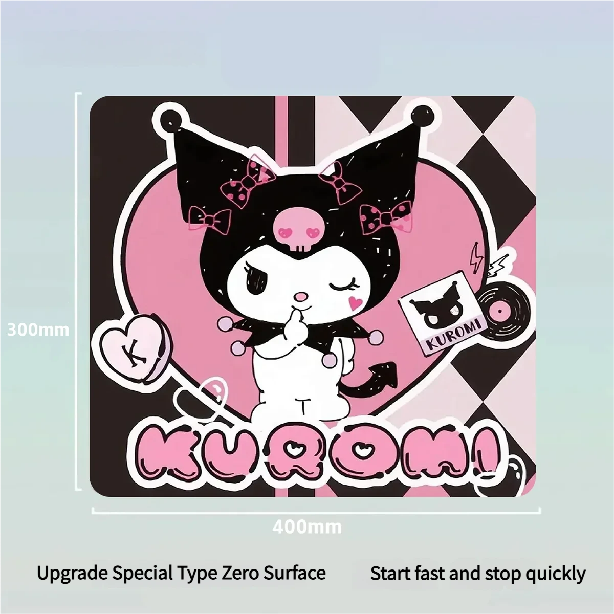 Multiple views of the ergonomic Kuromi Mouse Pad, highlighting its iconic mischievous design with dark kawaii pink and black accents.