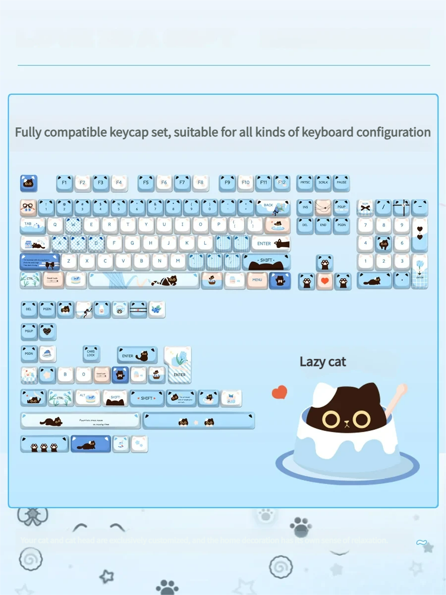 Playful Lazy Cat MAO Profile PBT keycap set. See its adorable cartoon design and durable PBT texture from various charming angles.