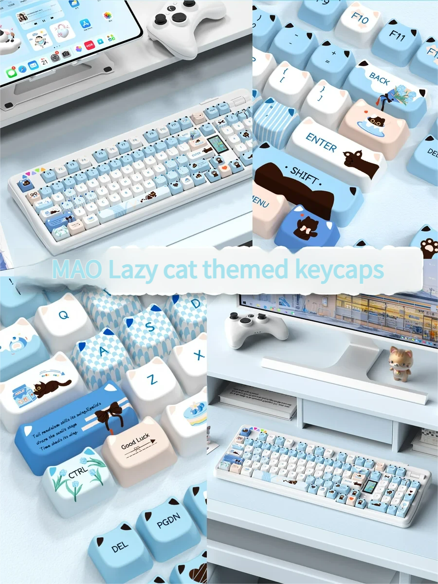 Whimsical Lazy Cat Keycap Set, MAO profile PBT, displayed from multiple angles. Highlights its adorable cartoon design and durable build for a playful keycaps.