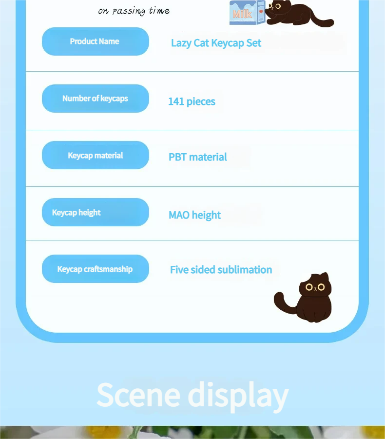 Whimsical Lazy Cat MAO Profile PBT keycap set, showcased from various angles, emphasizing its adorable cartoon design and durable, high-quality material.