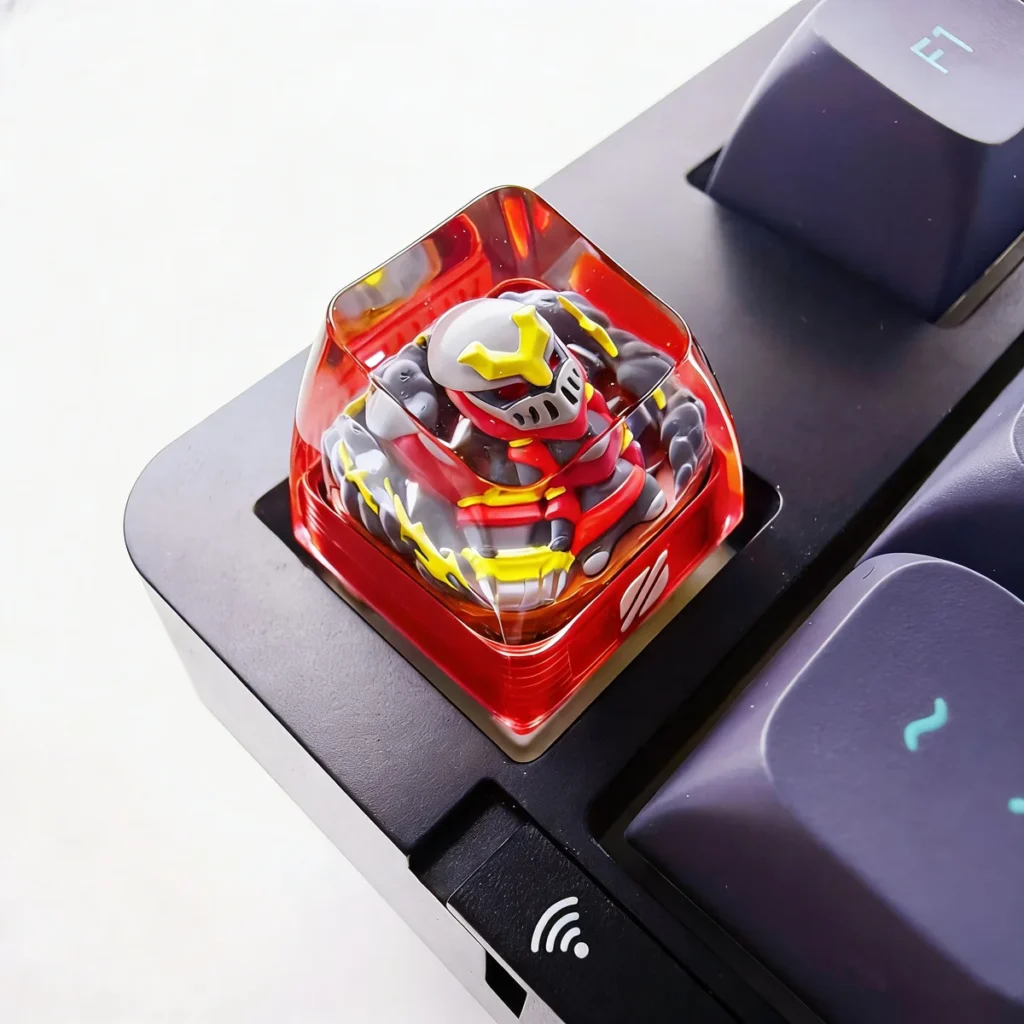 Close-up views of artisan League of Legends SA profile keycaps, showcasing intricate handcrafted translucent resin sculpts of iconic champions from various angles.