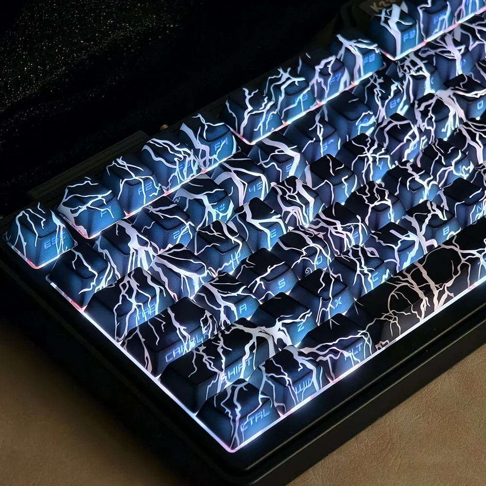 See every detail of these electrifying side-printed PBT lightning keycaps set, optimized for brilliant RGB backlit gaming, shown from multiple perspective angles.