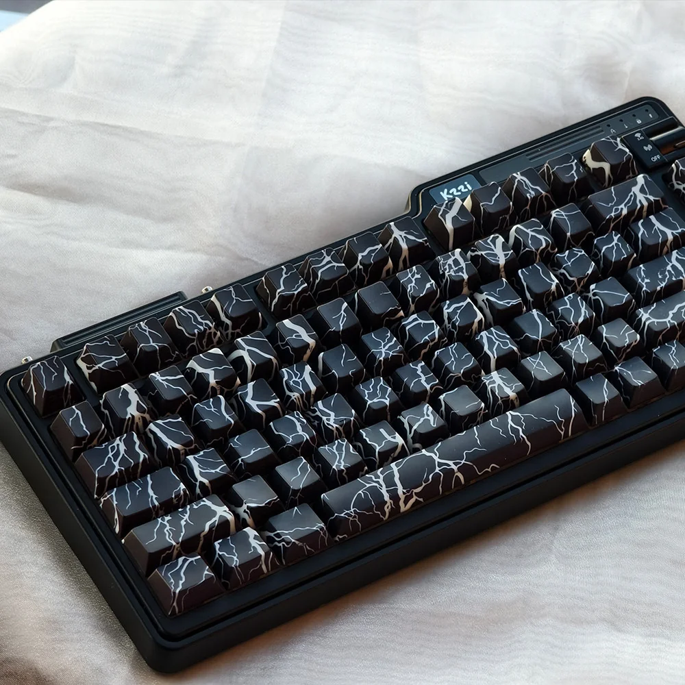Electrifying Lightning Keycaps Set gallery, showcasing dynamic lightning strikes on side-printed PBT legends, optimized for dazzling RGB backlit gaming.