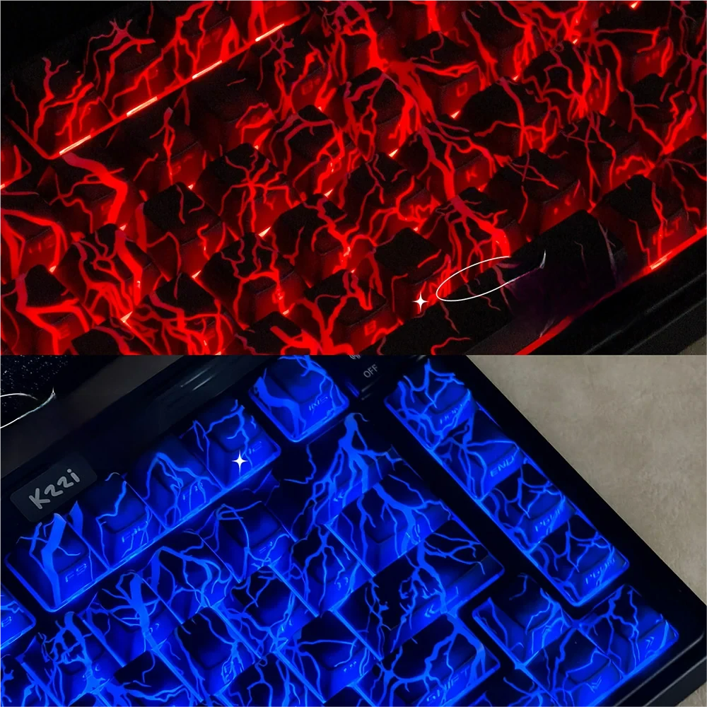 Electrifying lightning keycaps set from multiple angles, highlighting the side-printed PBT design and luminous legends, perfect for dazzling RGB gaming set.
