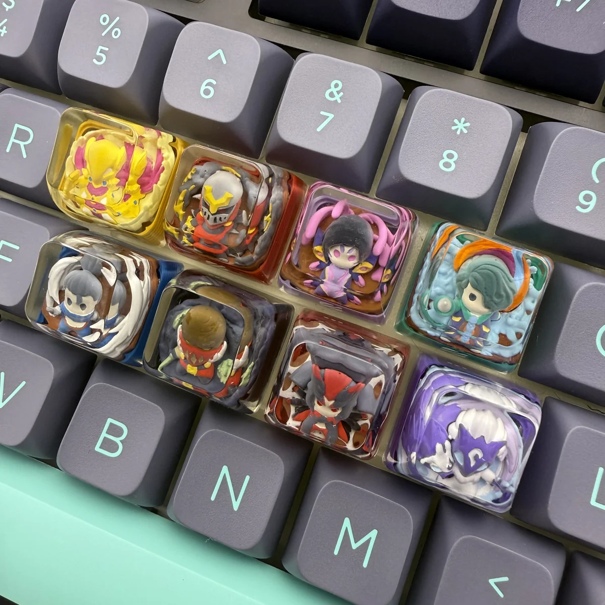 Handcrafted LoL Nasus resin keycap for gamers, shown from multiple angles highlighting its vivid details, glowing translucent resin, and SA profile.
