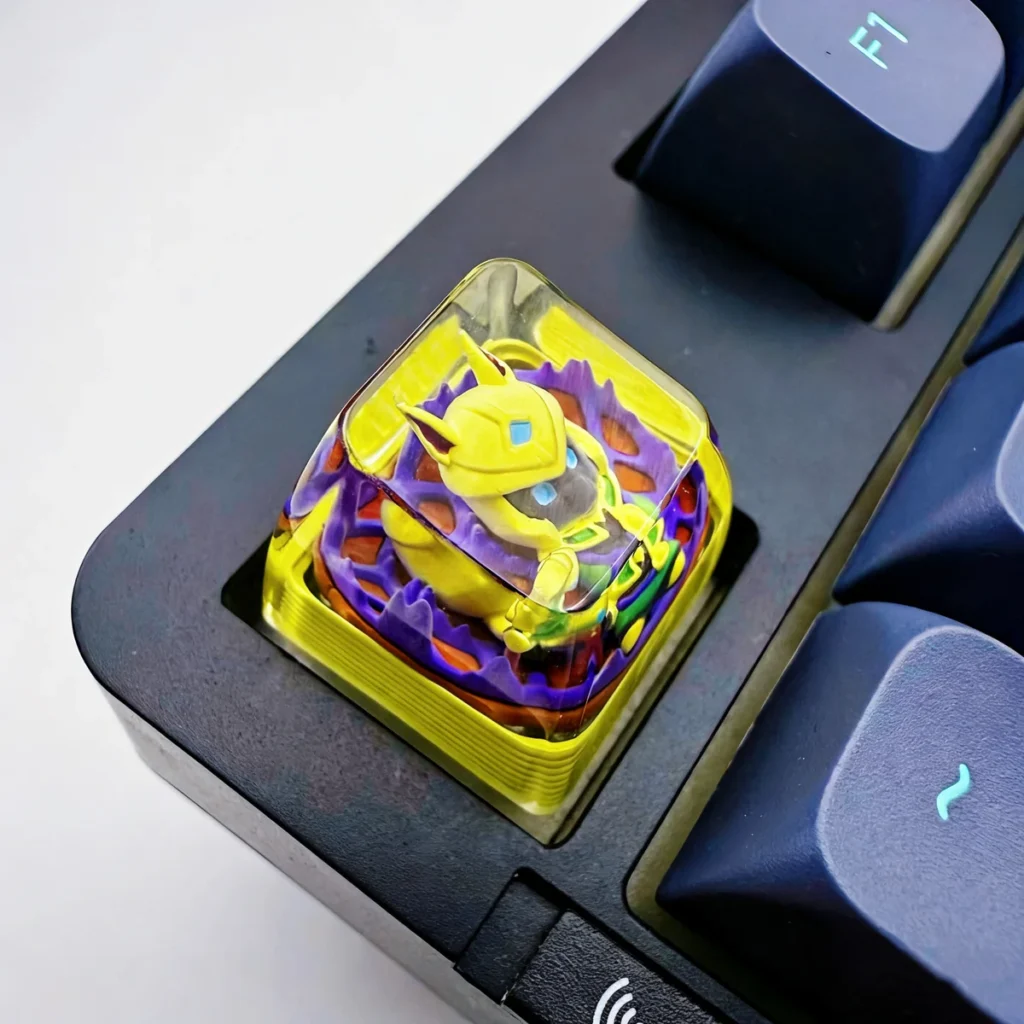 Handcrafted LoL Nasus champion resin keycap gallery showcasing intricate details, vivid glowing translucent resin, and SA profile from various artistic angles.