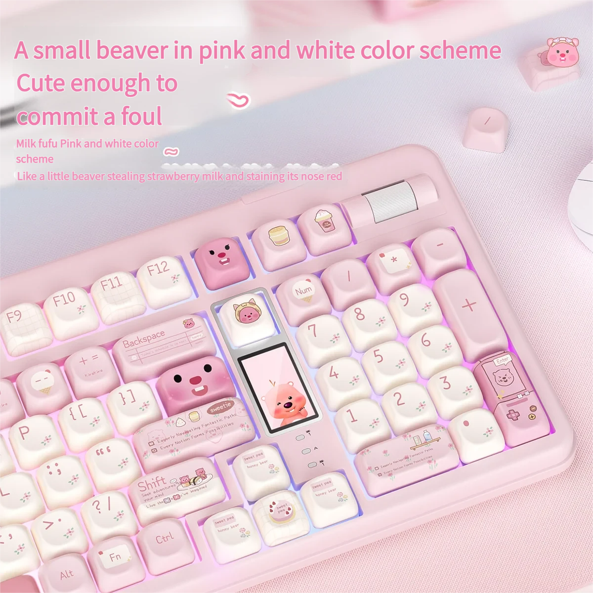 Playful Loopy Beaver PBT MOA profile keycaps set, showcasing durable design, adorable beaver characters, and whimsical earthy pastel forest theme.