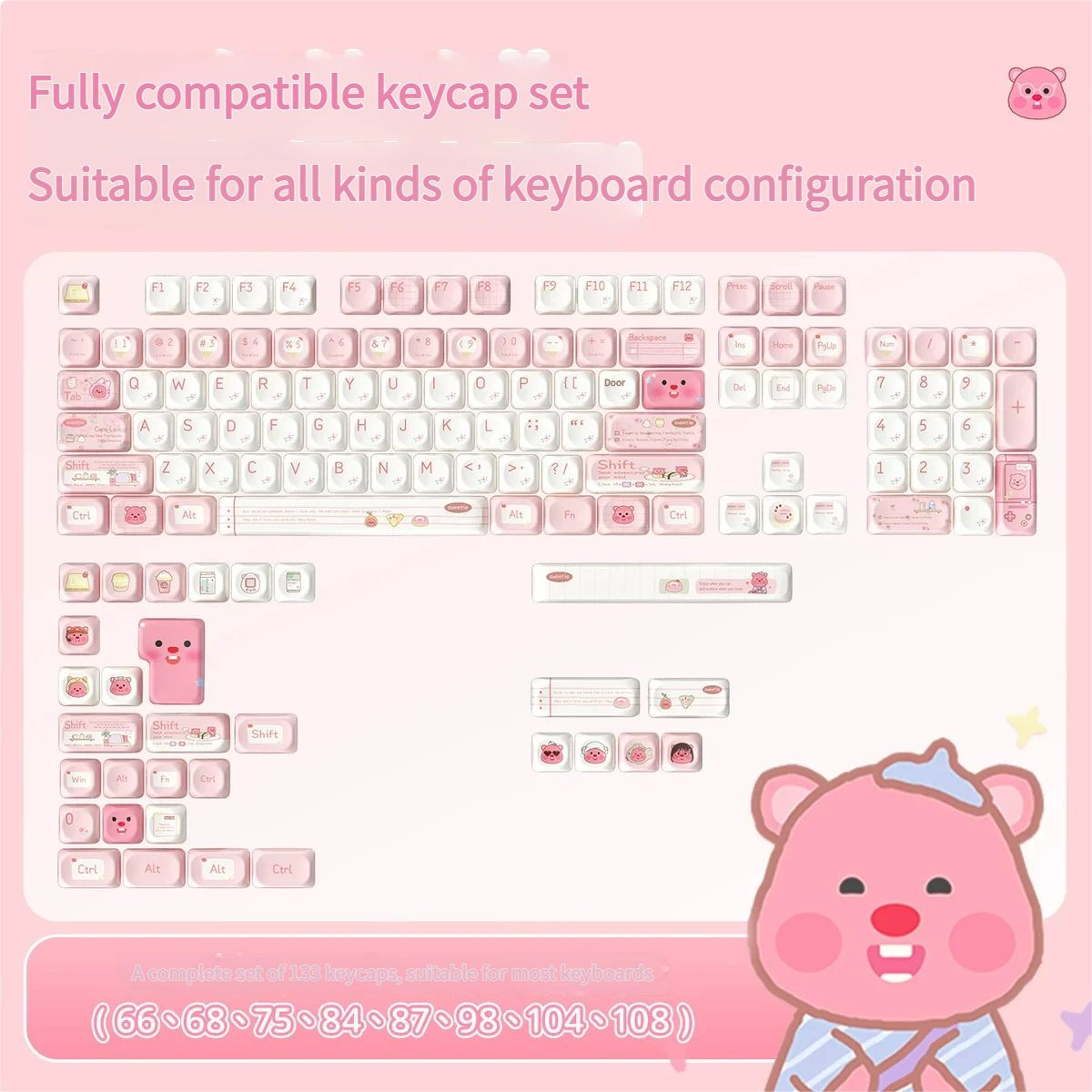 Multiple angles of the playful Loopy Beaver PBT keycaps set, showcasing the durable MOA profile and charming beaver character with earthy pastel forest design.