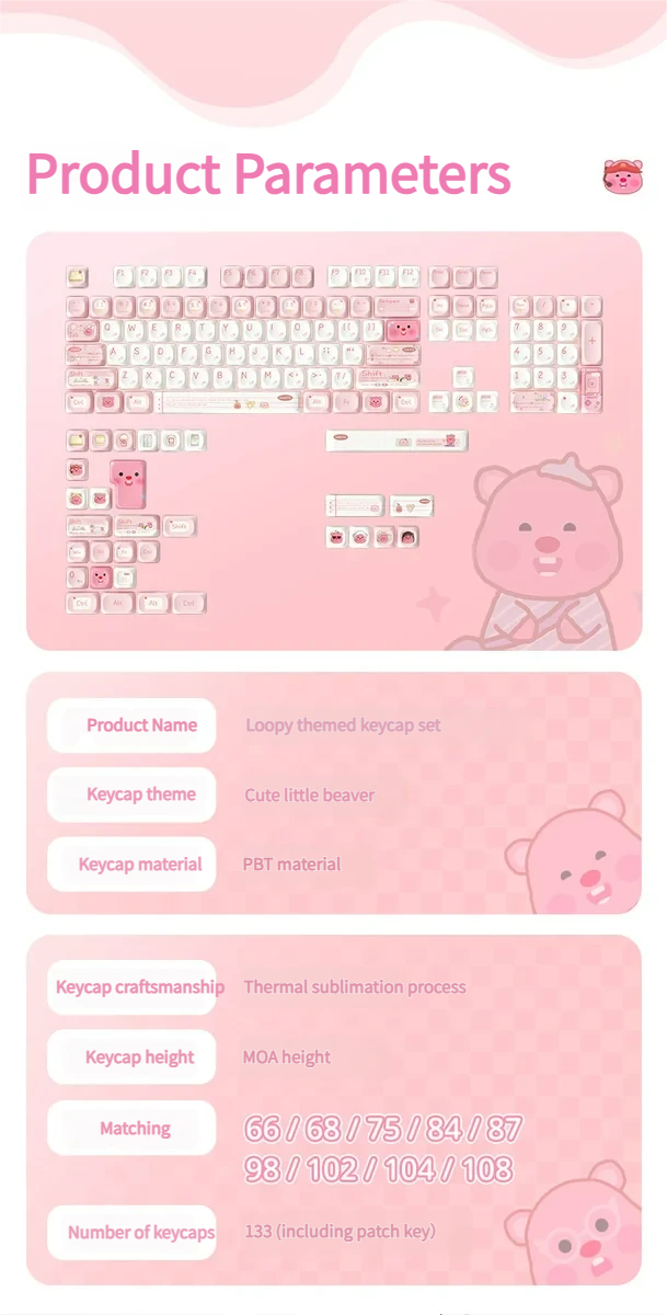 Playful Loopy Beaver PBT keycaps set, durable MOA profile set. Adorable beaver characters in earthy pastel colors, viewed from multiple angles.