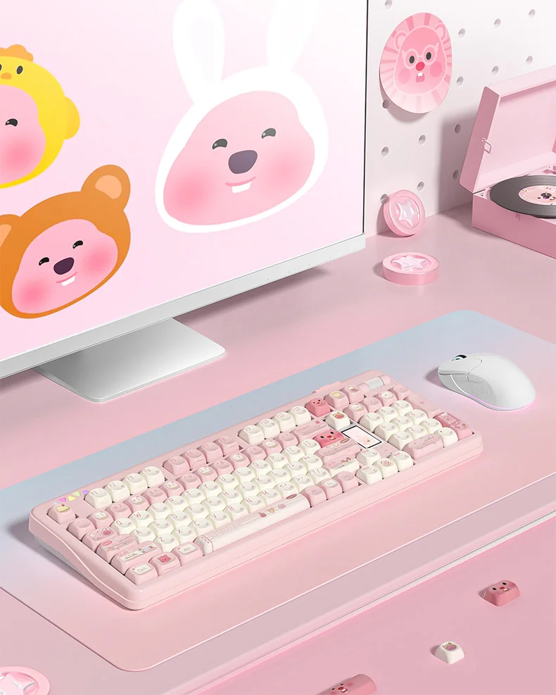 Close-up of a Loopy Beaver PBT keycap set, showcasing the adorable little beaver design in playful, earthy pastel tones for MOA profile keyboards.