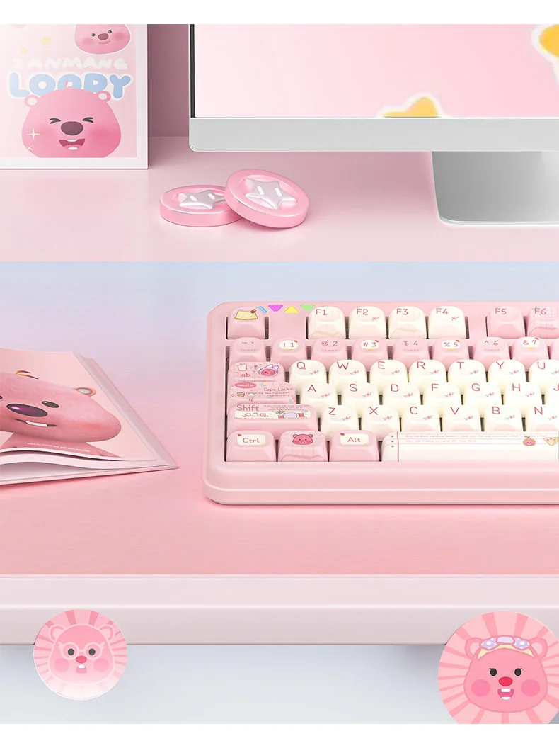 Playful Loopy Beaver PBT keycaps set, durable MOA profile set. Adorable beaver characters in earthy pastel colors, viewed from multiple angles.