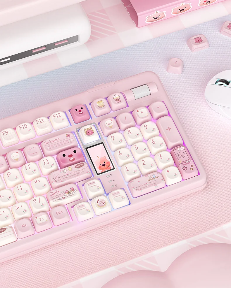 Whimsical Loopy Beaver PBT keycaps set in MOA profile, showcasing their durable PBT material and adorable beaver design from various playful angles.