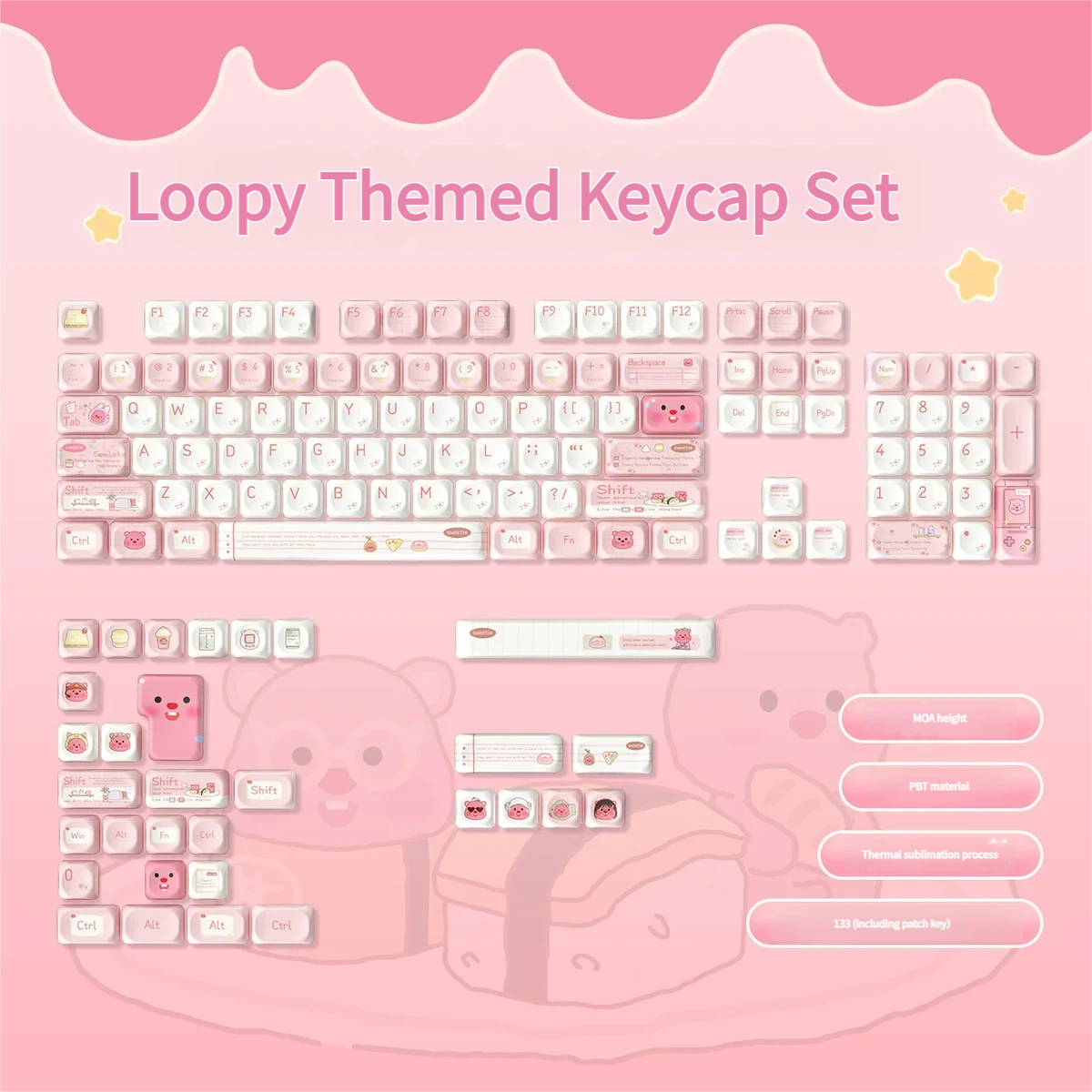 Close-up of a Loopy Beaver PBT keycap set, showcasing the adorable little beaver design in playful, earthy pastel tones for MOA profile keyboards.