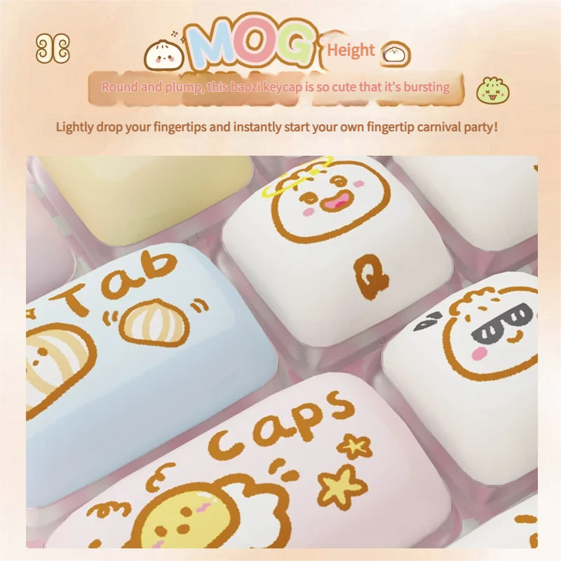 Close-up of an adorable, plump Lucky Bun Keycap Set, showing its soft internal from a charming side angle, radiating whimsical good luck.