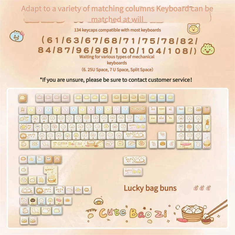 A plump, adorable Lucky Bun Keycap Set from multiple angles, showcasing its soft internal and whimsical charm for good luck.