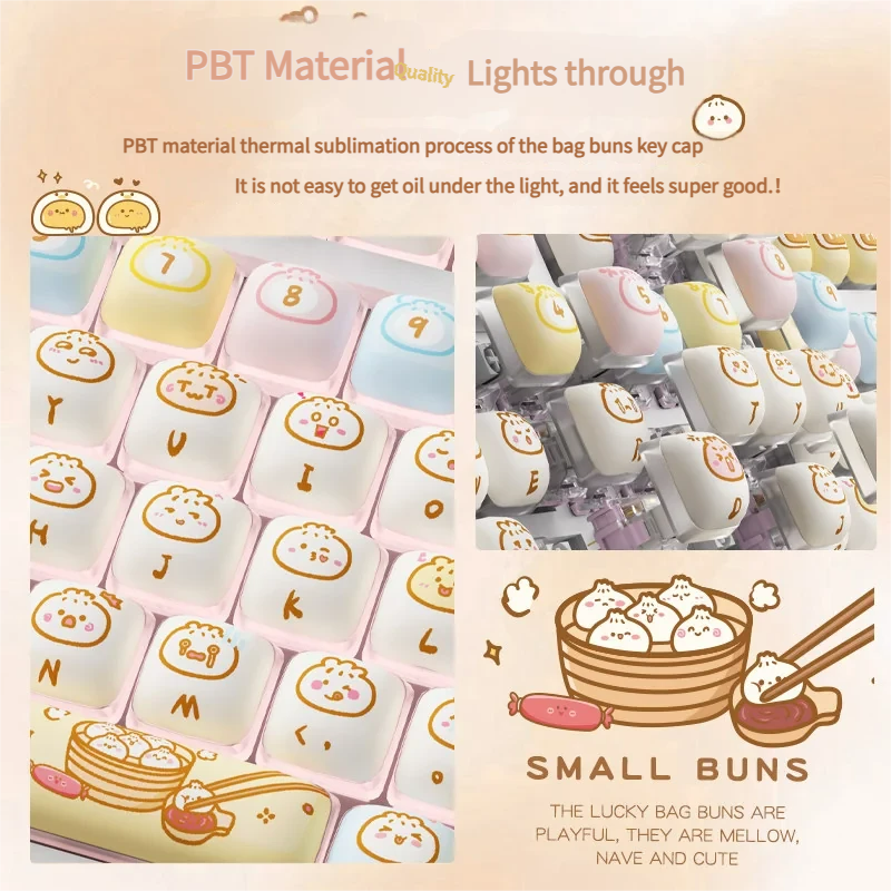 Close-up of the adorable lucky bun keycap set plump, soft shape, showcasing its whimsical charm and gentle internal from a side angles.