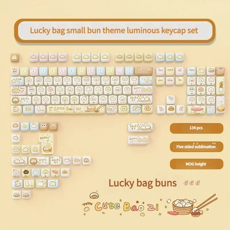 Plump, adorable lucky bun keycap set shown from various angles, highlighting its soft internal luminescence and whimsical design, a charming desk.