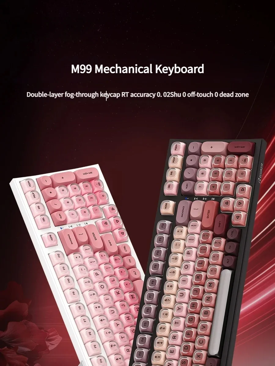 Playful M99 Magnetic Switch Mechanical Keyboard gallery, showing its charming, cosmetic-inspired design, soft colors, unique keycaps, and ultra-responsive magnetic switch.