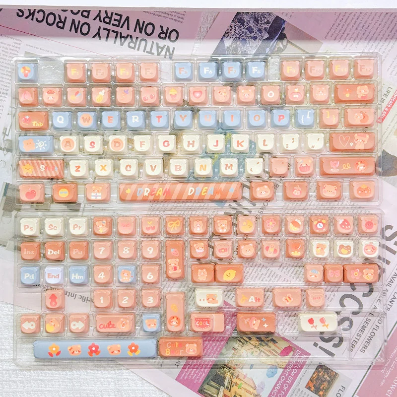 Close-up of charming Maillard Bear PBT dye-sub keycaps set in warm caramel and brown, highlighting the cute bear designs and premium texture from various angles.