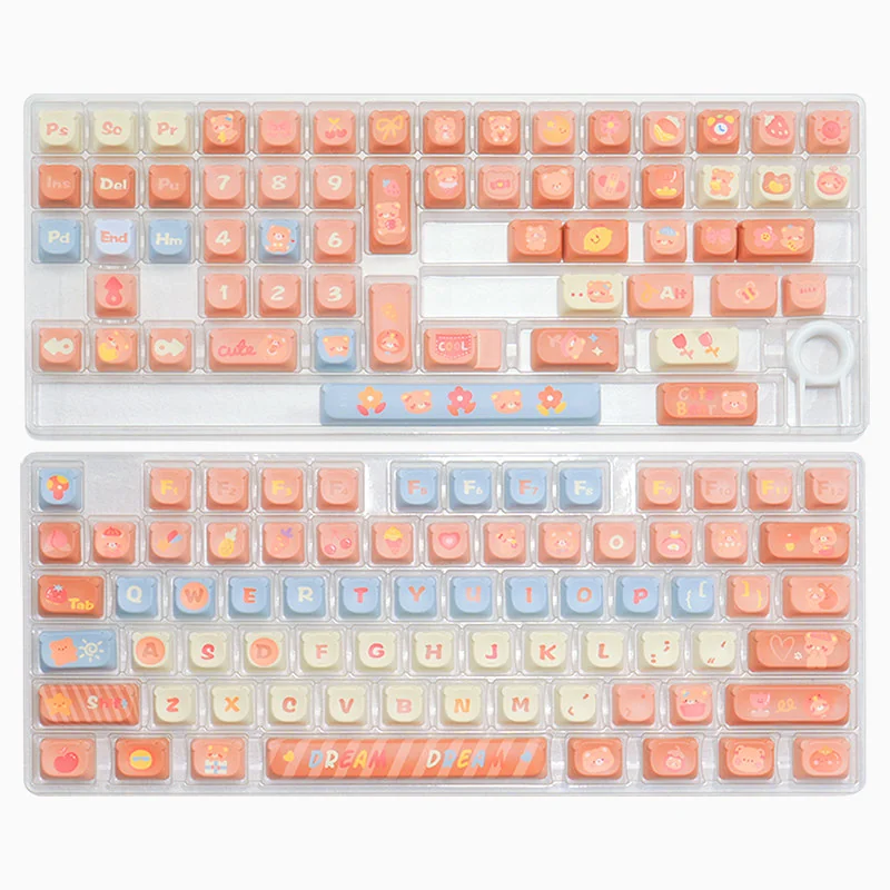 Charming Maillard Bear PBT dye-sub keycaps set showcasing cute bear illustrations in a warm caramel and brown palette, offering a cozy and playful aesthetics.