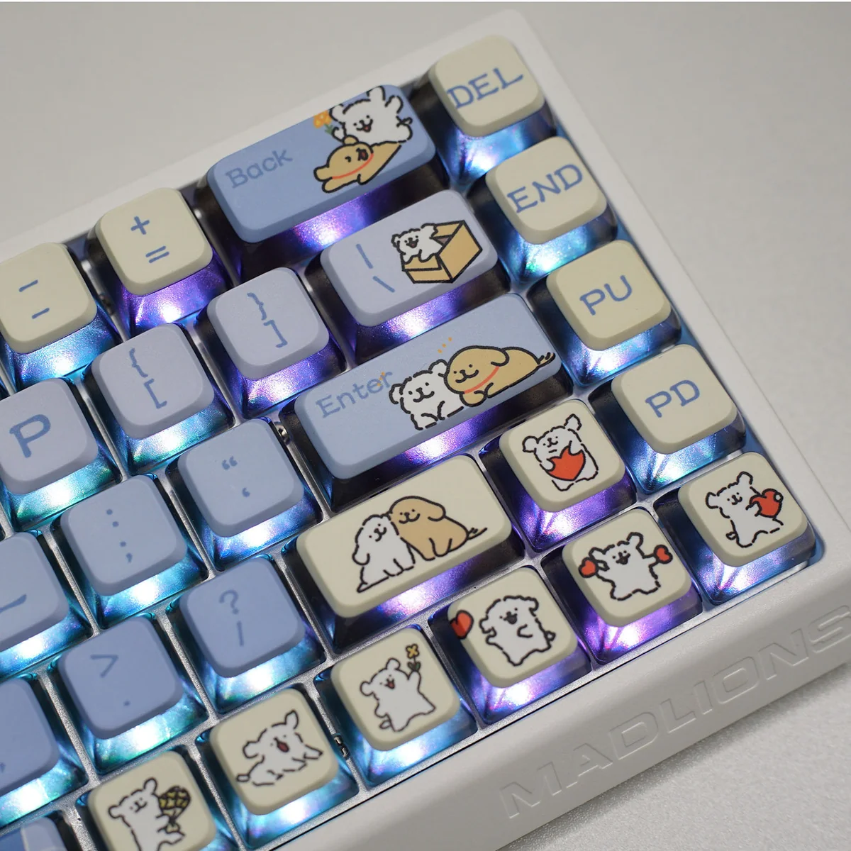 Gallery images of cute Maltese Dog RGB keycaps set, showcasing the unique four-sided translucent design and vibrant RGB light diffusion from various angles.
