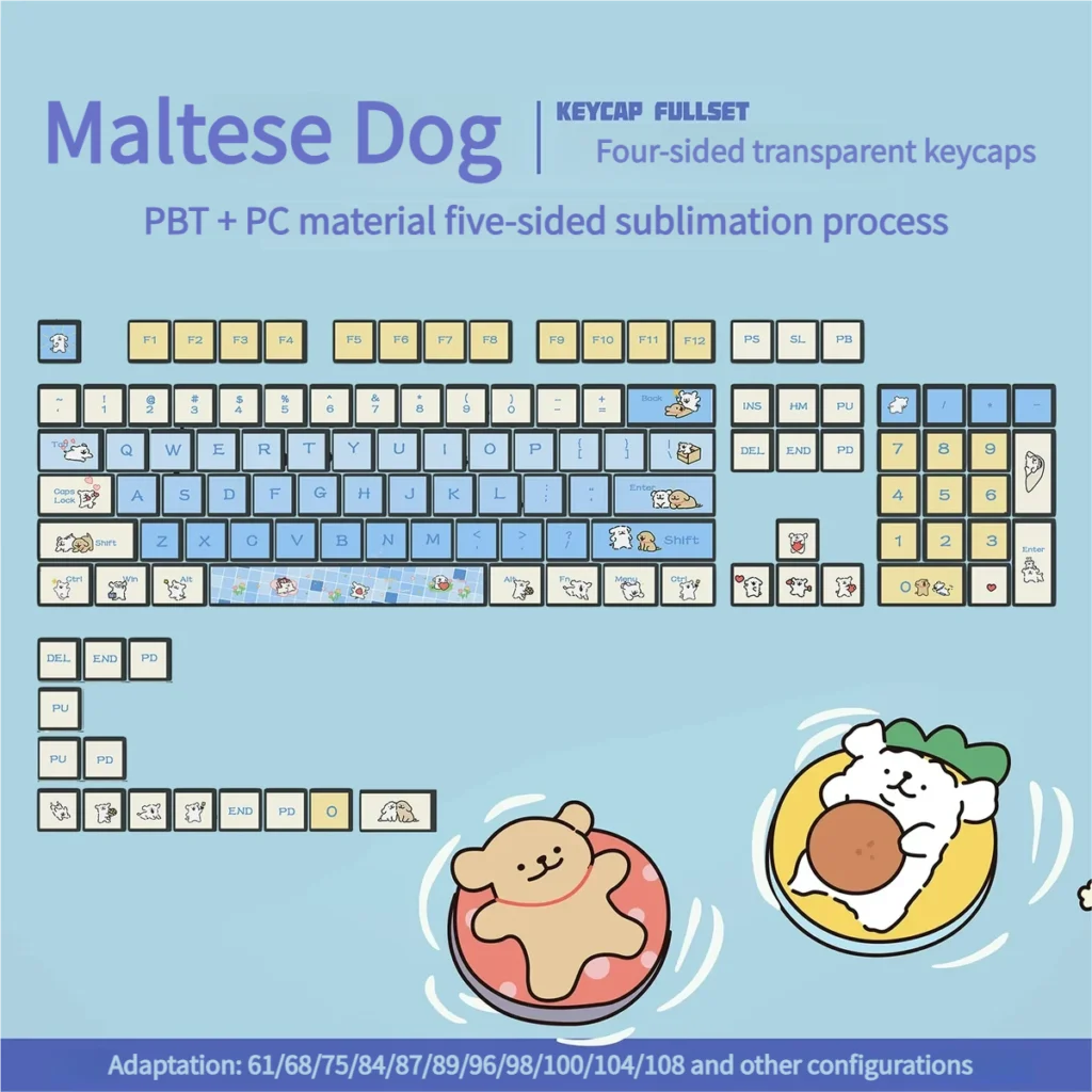 Gallery view of cute Maltese Dog RGB keycaps set, emphasizing their unique four-sided translucent design and vibrant light diffusion from various angles.