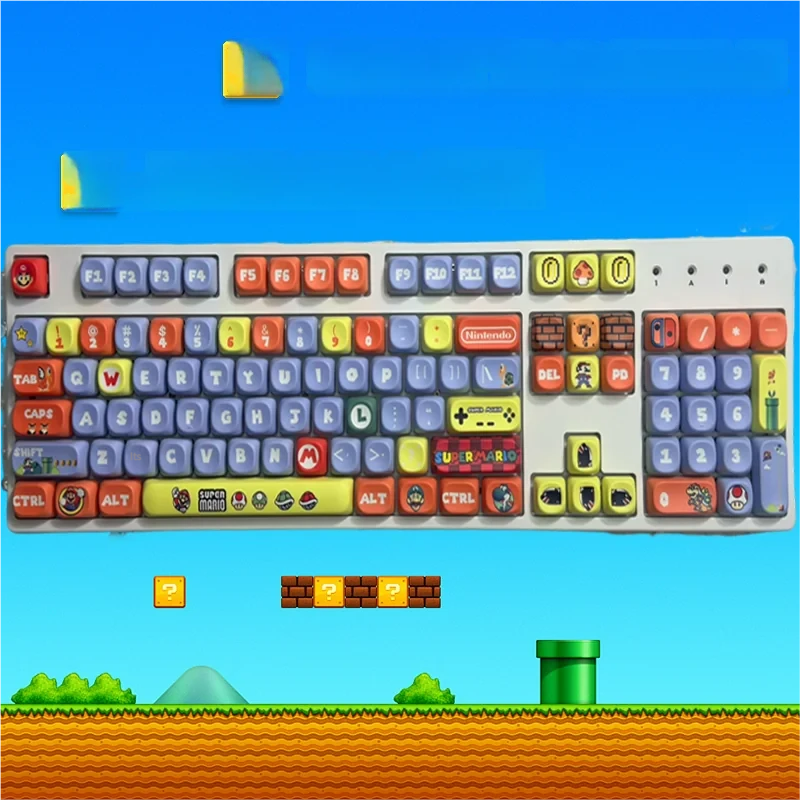 Vibrant Mario MOA dye-sublimated keycaps set, showcasing iconic characters and pixel-art details from various angles. A playful gaming upgrade.