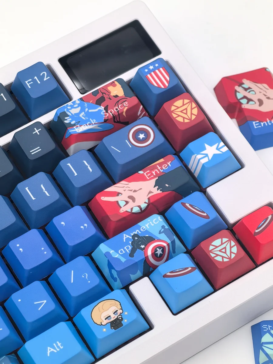 Multiple angles of premium Marvel keycaps set featuring bold Iron Man and Captain America designs, showcasing the custom artisan set's heroic detail.