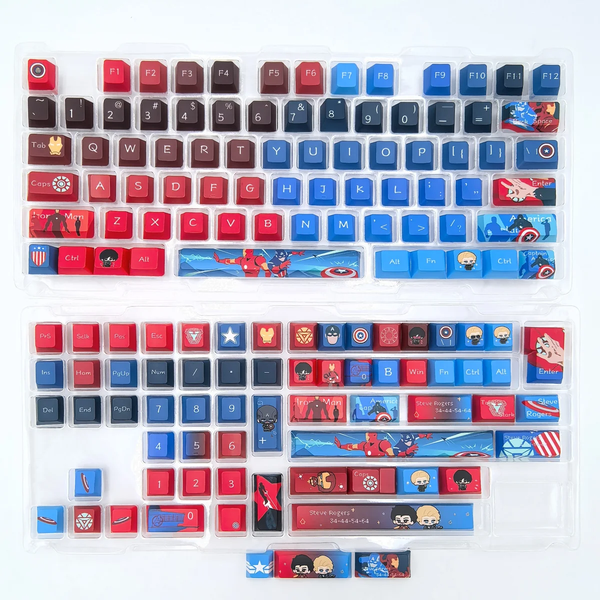 Multiple angles showcase the intricate craftsmanship of this premium Marvel keycap set, featuring bold Iron Man and Captain America custom designs.