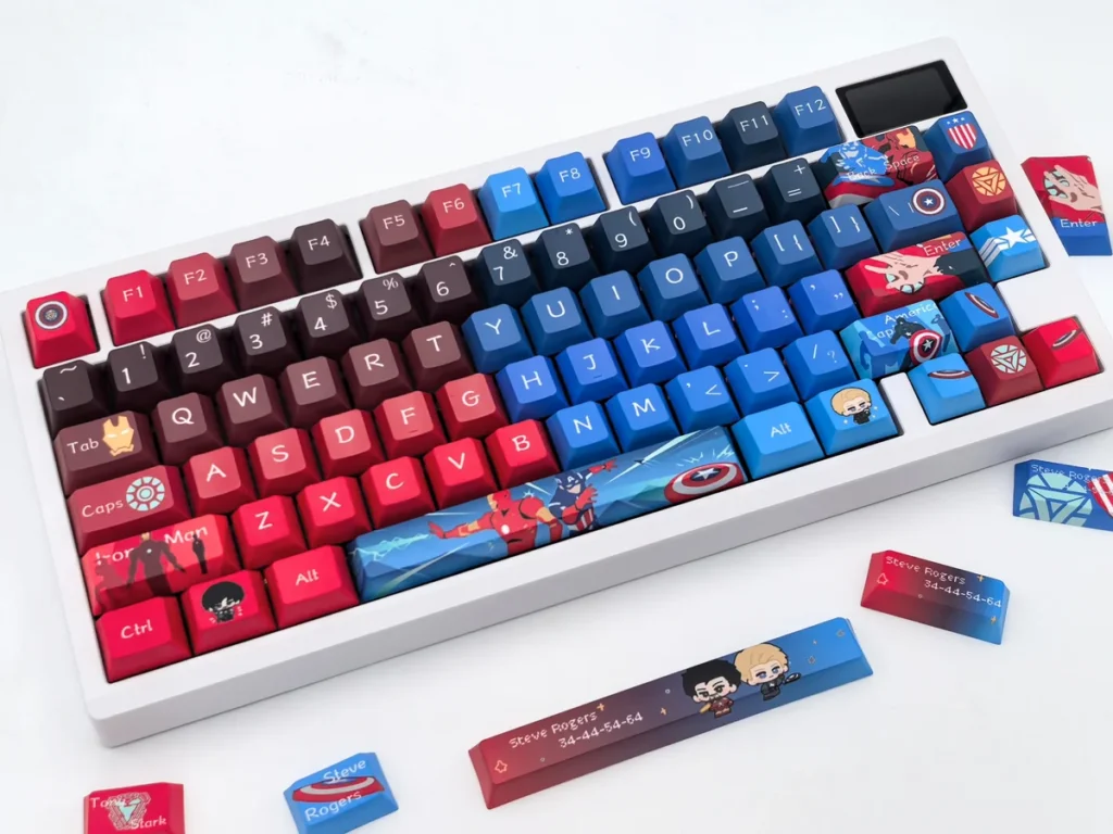 Iconic Marvel keycaps set: a premium custom set showcasing bold Iron Man and Captain America designs. Elevate your keyboard with heroic art.