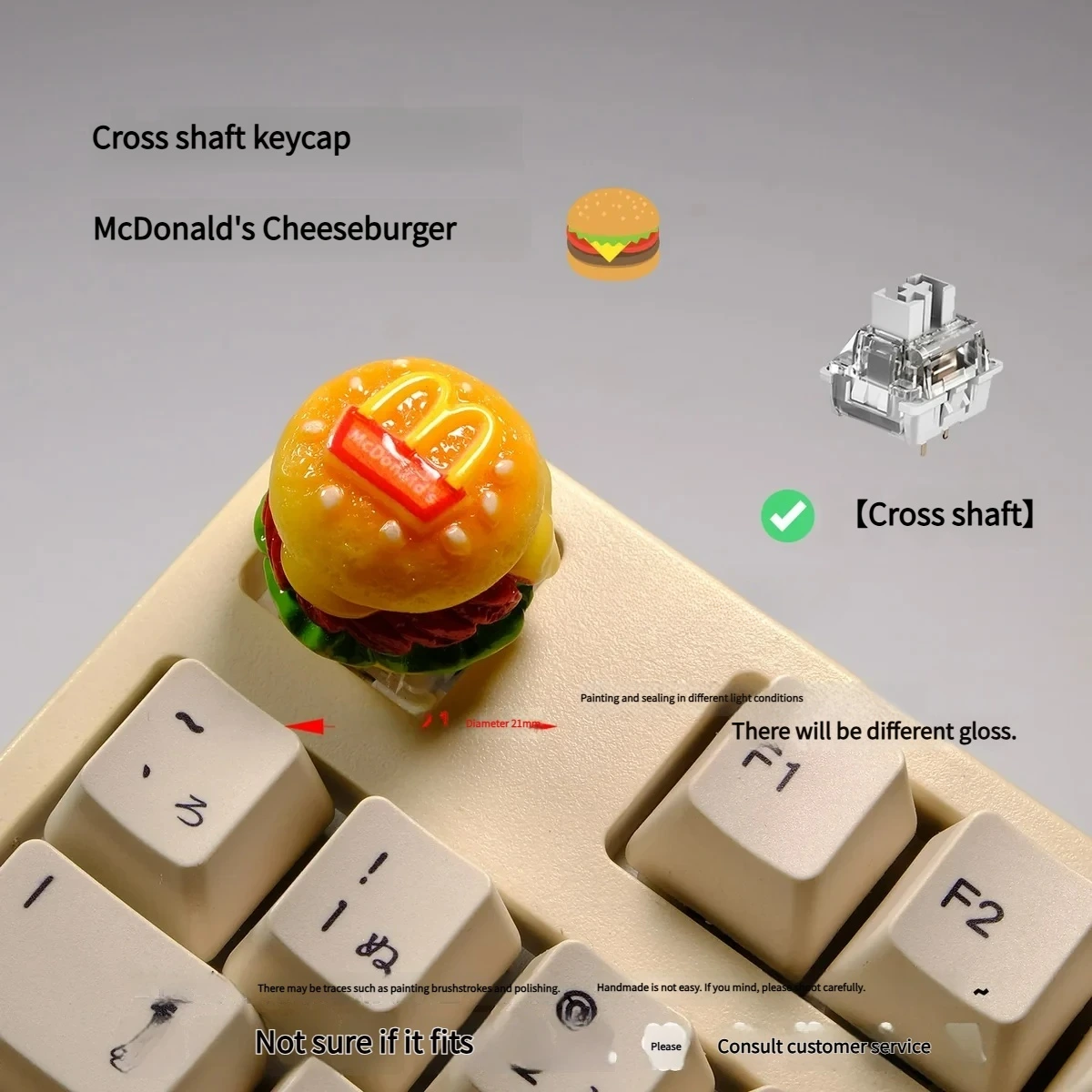 Vibrant, miniature 3D cheeseburger keyboard knob shown from multiple playful angles, highlighting its iconic design and detailed craftsmanship.