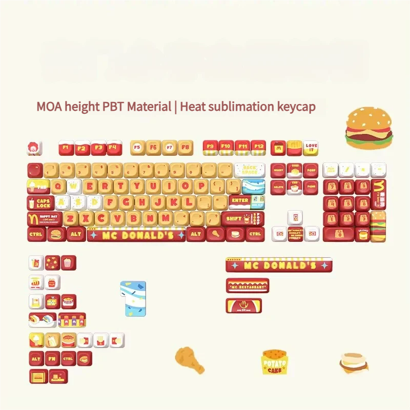Vibrant McDonald's MOA PBT keycaps set with iconic red, yellow, white fast-food designs, offering angled views for a fun, premium custom keyboard.