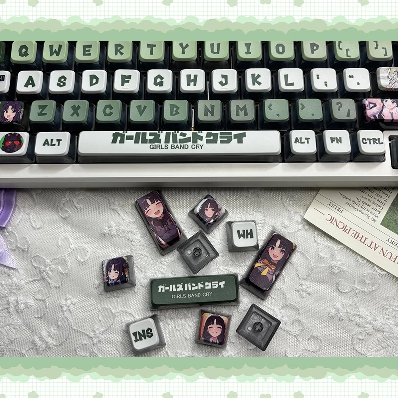 A gallery of Subaru Awa MDA keycaps set from various angles, showcasing their sleek ergonomic MDA profile and vibrant four-sided translucent RGB lighting.