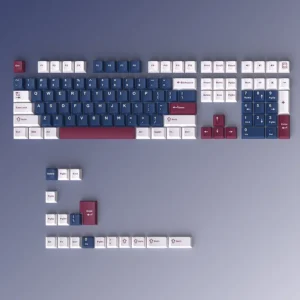 Gallery shot of Blue Rose Mecha PBT Keycap Set, showcasing various keycaps with intricate robotic and elegant blue floral geometric patterns.