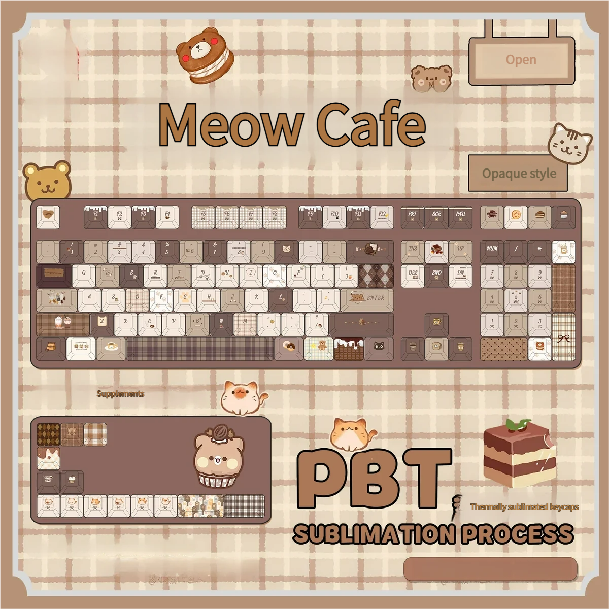 Adorable Meow Cafe PBT Dye-Sub keycap set, featuring charming opaque feline designs and warm cafe pastel colors for a premium, playful look.