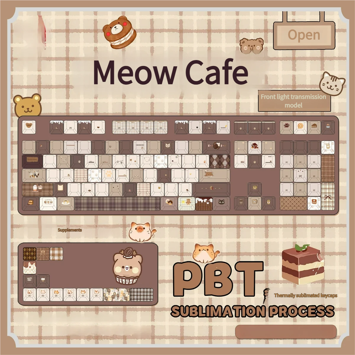 Close-up of an adorable Meow Cafe PBT Dye-Sub keycap, featuring a charming feline character on its front face with playful pastel colors.