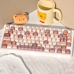 Adorable Meow Cafe PBT Dye-Sub Keycap Set showcasing charming feline characters in a warm, playful pastel palette, a premium cat keycap set.