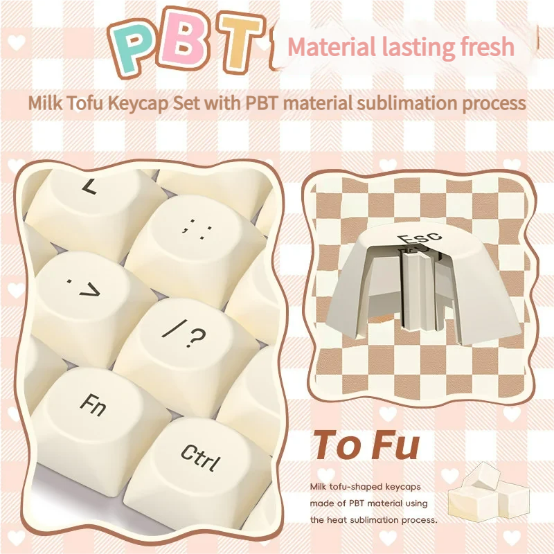 Premium Milk Tofu PBT Dye-Sub keycaps set displayed from multiple angles, highlighting their clean, creamy white, minimalist design with crisp legends.