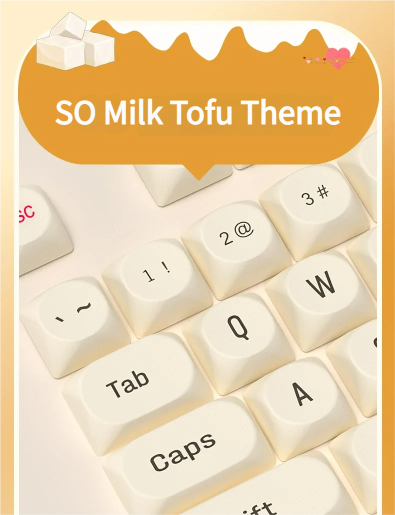 Milk Tofu PBT dye-sub keycaps set displayed from various angles, highlighting their clean, creamy white, minimalist aesthetic and crisp, subtle legends.