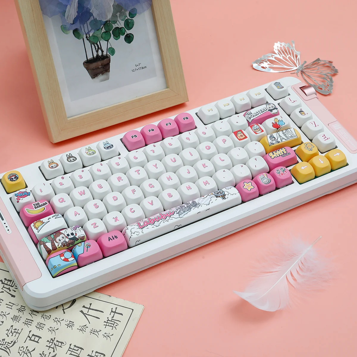 Labubu Mischievous PBT backlit keycap set from multiple angles, featuring durable PBT and vibrant, detailed illustrations of playful elf-like character.