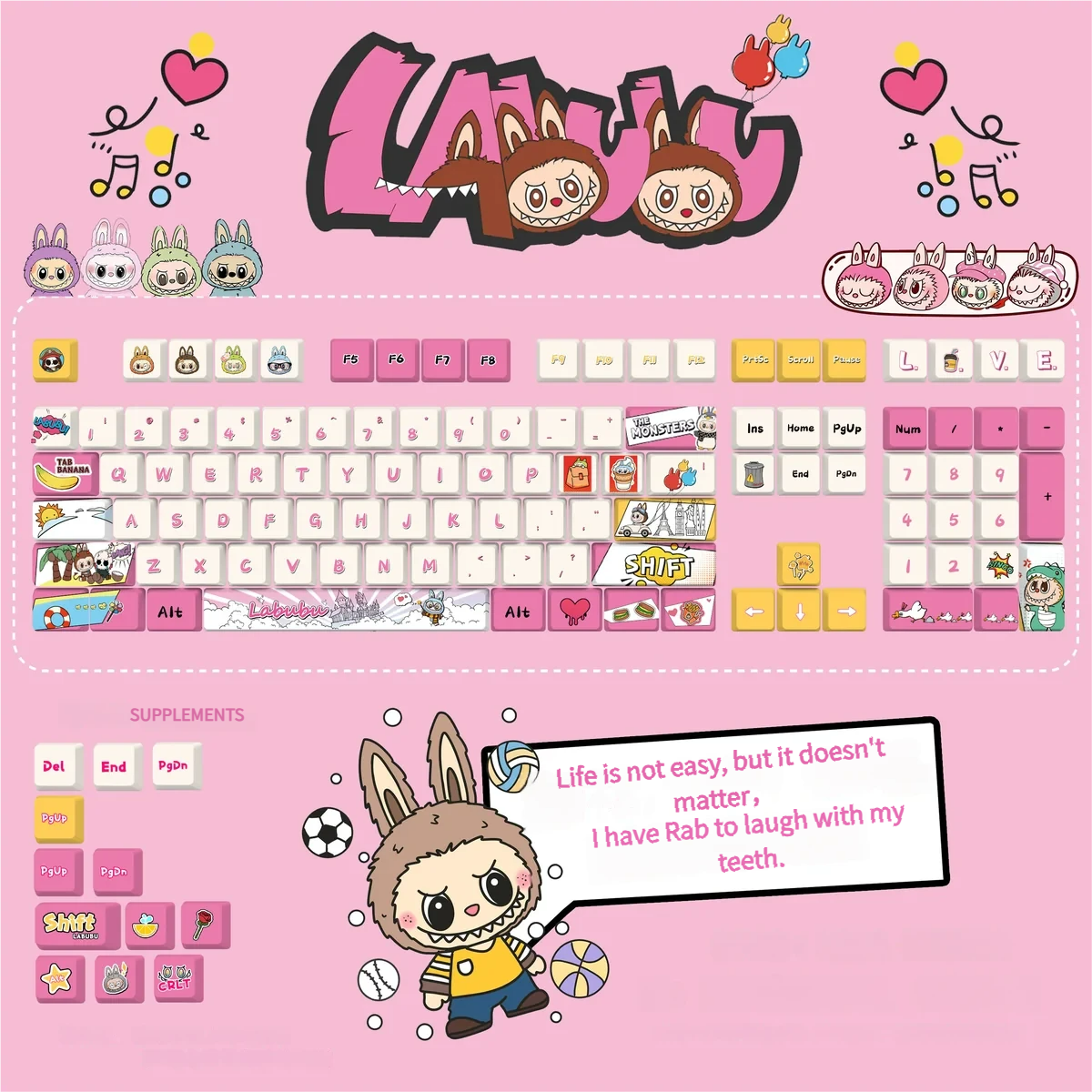 Labubu Mischievous PBT XDA opaque keycaps set, a small full set featuring whimsical elf-like characters and vibrant designs for a durable, playful keyboard.