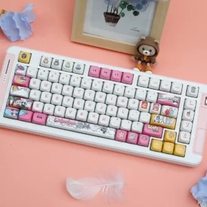 Labubu Mischievous PBT keycaps set showcasing whimsical elf characters with vibrant RGB backlighting, emphasizing durable PBT for playful keyboard aesthetics.