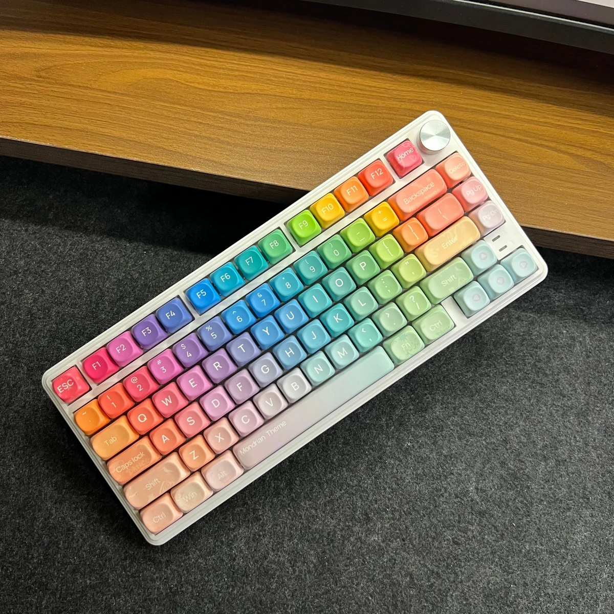 Close-up views of the Mondrian Themed MOA Keycap Set, displaying various angles of the energetic gradient colors designed to uplift any keyboard.